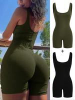 Women's Solid Ribbed Tank Romper, Casual Comfy Sleeveless Skinny Romper for Daily Wear, Ladies Clothes for All Seasons, Gym C...
