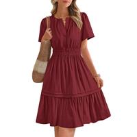 BTFBM Women's Casual V Neck Dresses 2025 Summer Spring Short Sleeve Sundress Smocked Waist A Line Tiered Mini Dress
