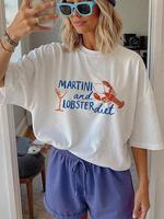 Women's Lobster & Martini Print Round Neck Tee, Casual Fashion Short Sleeve T-shirt for Daily Wear, Ladies Clothes for All Se...
