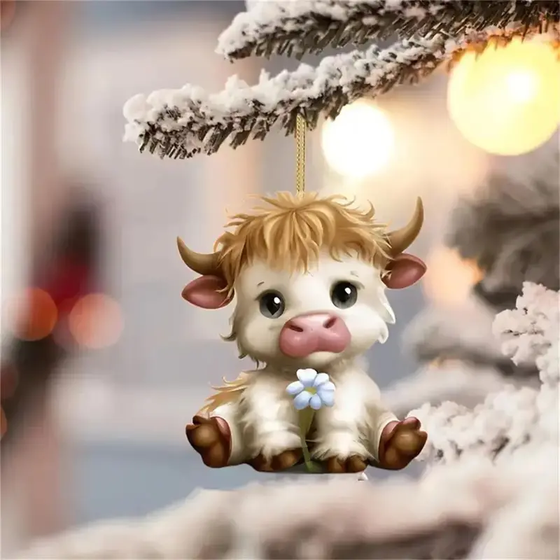 Cute Highland Cow Design Acrylic Car Hanging Ornament, 2D Cartoon Flower Design Hanging Decoration, Universal Car Interior Ac...