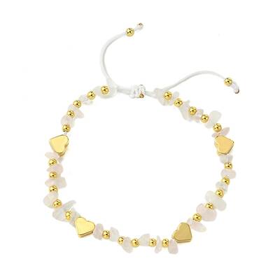 Natural Rose Quartz Chip & Heart Brass Braided Bead Bracelets