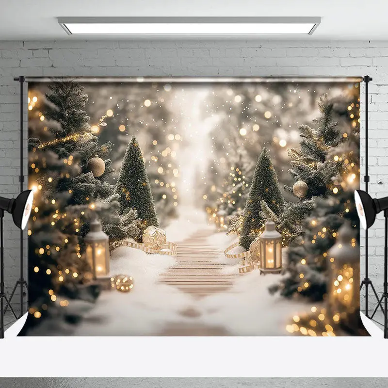 Light Bokeh Pine Tree Forest Path Christmas Backdrop - Aperturee