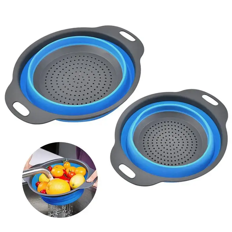 Silicone Foldable Strainer Basket, 2 Counts Round Collapsible Fruit & Vegetable Washing Basket, 2 Sizes Drainer Basket, Kitch...