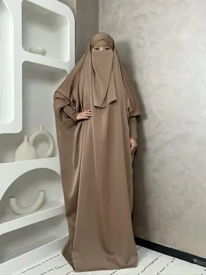 Women's Solid Shirred Jilbab Abaya Set, Modest Muslim Clothing Set for Daily Wear, Women's Islamic Clothing for Spring & Fall