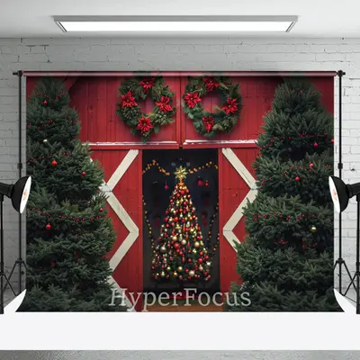 Red Barn Door Xmas Trees Christmas Vibe Backdrop - Aperturee