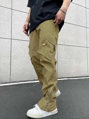 Men's Solid Zipper Pocket Cargo Pants, Street Casual Drawstring Waist Trousers for Daily Outdoor Wear, Men's Cargo Pants fo...
