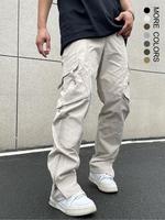 Men's Pocket Drawstring Waist Cargo Pants, Street Stack Pants, Fashion Trendy Casual Comfort Fabric Straight Leg Trousers for...