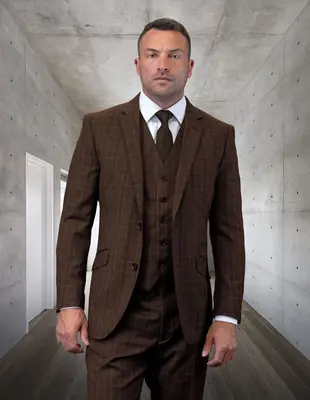 Sleek Plaid Statement Men's 100% Wool 3 Piece Suit Perfect for Formal Occasions
