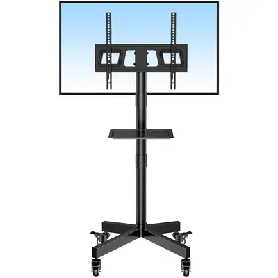 Forged Mobile TV Stand for 23-60-inch LCD/LED/OLED flat-panel/curved TVs. This adjustable rolling TV stand has a swivel funct...