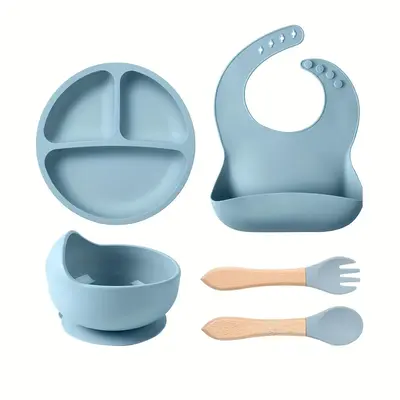 Baby Silicone Feeding Set, 5 Counts/set Including Bib, Bowl, Plate, Spoon & Fork, Baby Dinnerware Set, Baby Tableware Set, Mo...