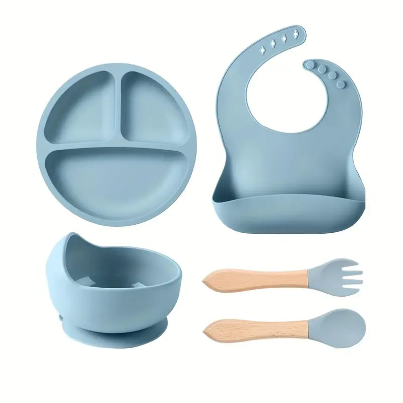 Baby Silicone Feeding Set, 5 Counts/set Including Bib, Bowl, Plate, Spoon & Fork, Baby Dinnerware Set, Baby Tableware Set, Mo...