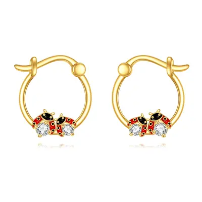 14K Gold Cubic Zirconia Ladybug Hoop Earrings