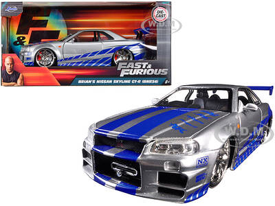 Brians Nissan GTR Skyline R34 RHD (Right Hand Drive) Silver with Blue Stripes \