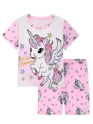 Girl's Cartoon Print Tee & Shorts Pajama Set, Cute Comfy Round Neck Short Sleeve Tops & Trousers Pj Set, Kids Sleepwear for...