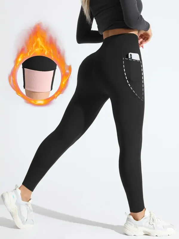 Women's Solid High Waist Pocket Thermal Lined Sports Leggings, Casual Comfy Breathable High Stretch Yoga Tummy Control Leggi...