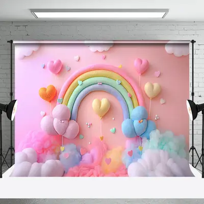 Plush Rainbow Heart Balloons Cake Smash Backdrop