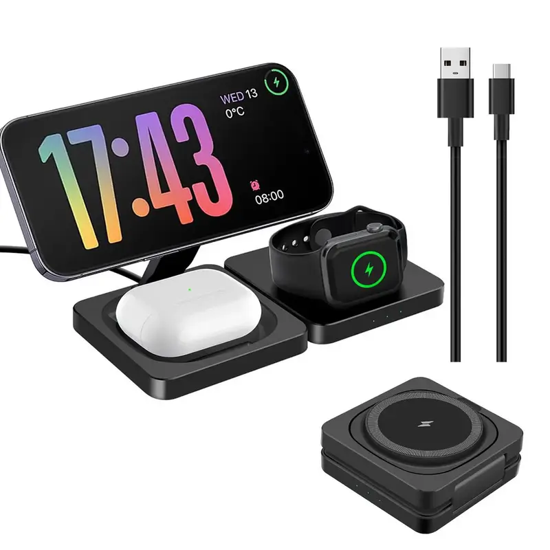 3 in 1 Charging Station for Apple Devices, 15W Foldable Magnetic Wireless Charger Travel Charging Pad for iPhone 16 15 14 13 ...