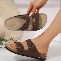 Unisex Cork Footed Flat Slide Sandals Men and Women’s Double Buckle Memory Foam Slide for Beach Summer Vacation
