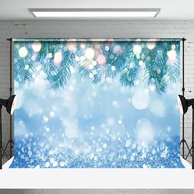 Aperturee Blue Snowy Snowflake Leaves Bokeh Christmas Backdrop