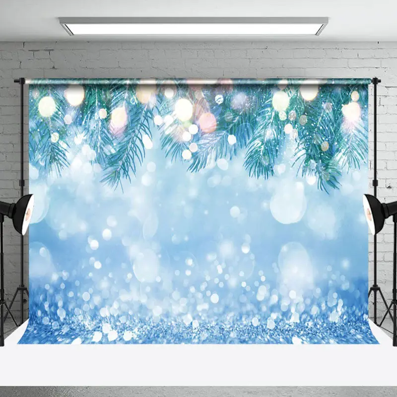 Aperturee Blue Snowy Snowflake Leaves Bokeh Christmas Backdrop