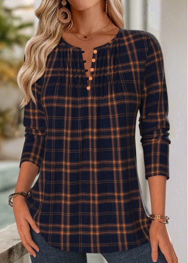 Modlily Navy Tuck Stitch Plaid Long Sleeve Split Neck Blouse - S