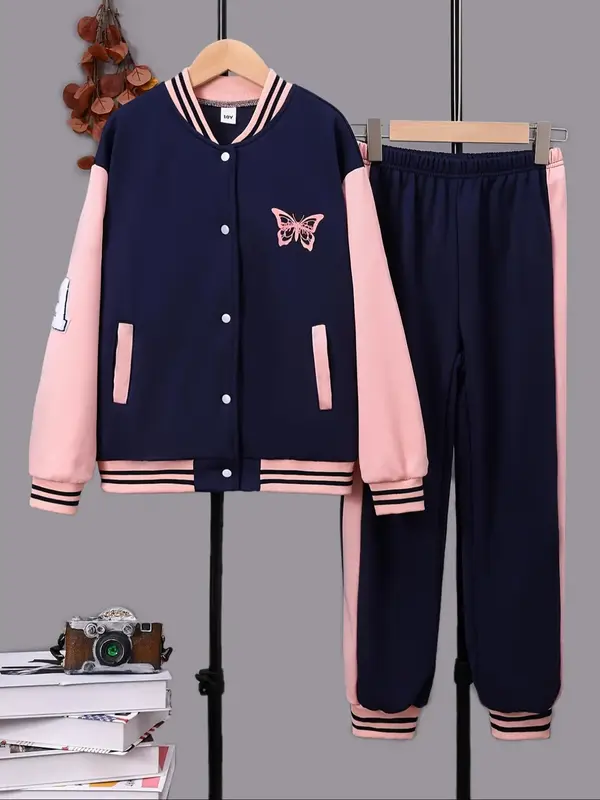 Two-Piece Set Girl's Letter Patched Butterfly Print Drop Shoulder Baseball Collar Varsity Jacket & Elastic Waist Sweatpants ...