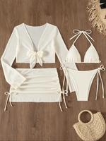 Women's Solid Ribbed Bikini Set, Sexy Tie Shoulder Swim Top & Swim Bottom & Long Sleeve Cover Up Top & Cover Up Skirt Set, La...