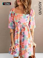 Women's Floral Print Puff Sleeve Vintage Smock Summer Dresses, Dresses for Women, Boho Romantic Short Sleeve Square Neck A Li...