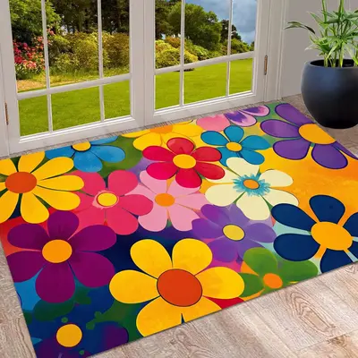 Colorful Flower Pattern Floor Mat, 1 Count Entrance Door Mat, Boho Floral Rug, Decorative Carpet for Home Living Room Bedroom...