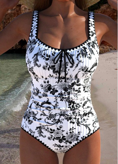 Modlily Drawstring Random Floral Print Black One Piece Swimwear - M