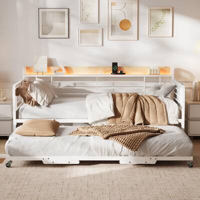 Garvee Twin Daybed with Trundle Bed, Storage Headboard with Charging Station and Additional Storage Bags, Sofa Day Bed with S...