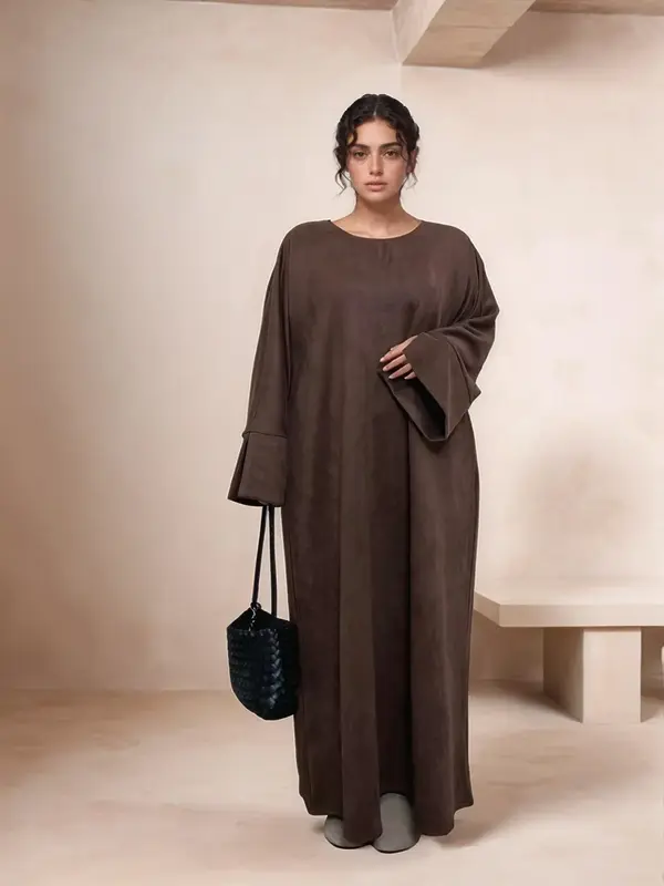 Women's Solid Long Sleeve Suede Dress, Casual Round Neck Long Dress for Fall & Winter, Women's Islamic Clothing for Daily Wea...