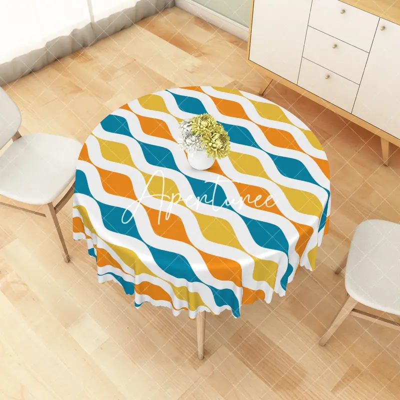 Aperturee Dynamic Yellow Blue Trim Modern Rectangle Tablecloth, Dia 4 ft / 1.2 m, 26.22 USD, round tablecloths, ZJY04608-B