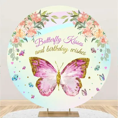 Floral Butterfly Kisses Round Backdrop For Birthday - Aperturee