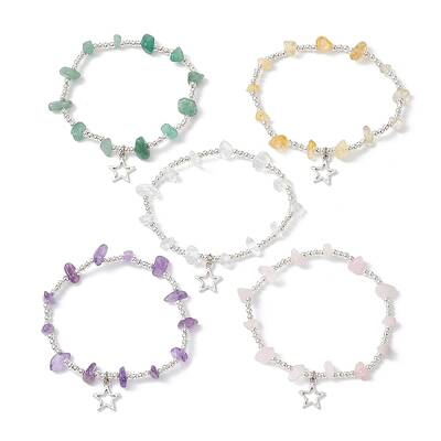 Natural Mixed Gemstone Chip & Iron Beaded Stretch Bracelets