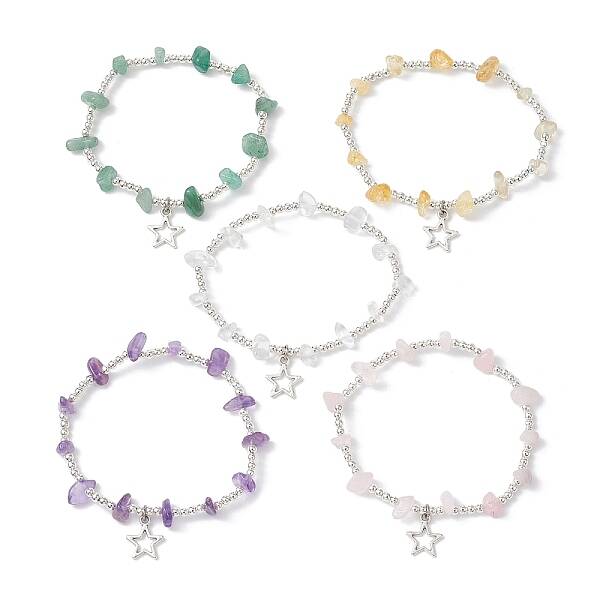 Natural Mixed Gemstone Chip & Iron Beaded Stretch Bracelets