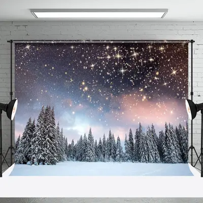 Snowy Pine Forest Starry Sky Winter Photo Backdrop - Aperturee