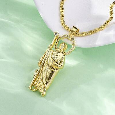 Brass Micro Pave Clear Cubic Zirconia Saint Jude Pendant Necklaces