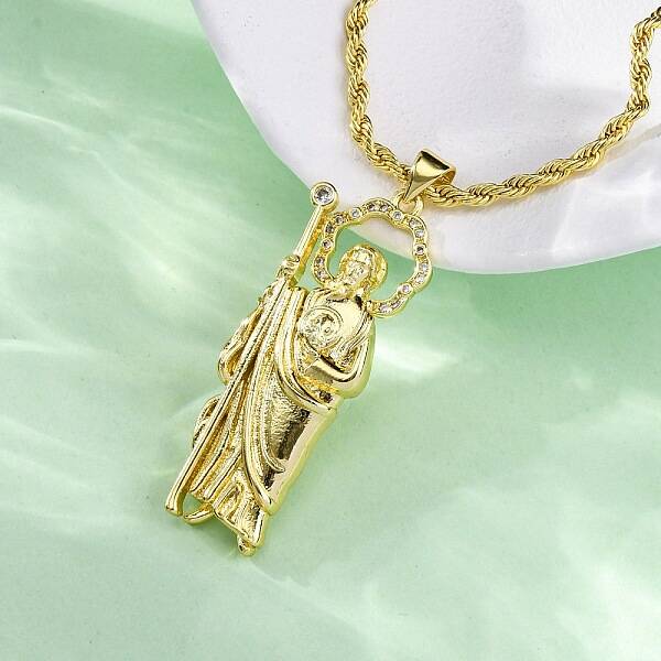 Brass Micro Pave Clear Cubic Zirconia Saint Jude Pendant Necklaces