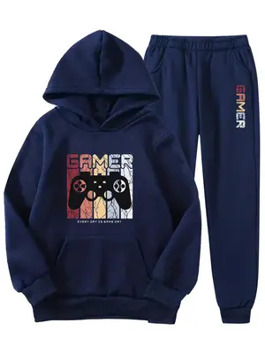 Two-Piece Set Boy's Game Console Print Hoodie & Pocket Sweatpants, Casual Sporty Long Sleeve Hooded Sweatshirt & Jogger Pants...