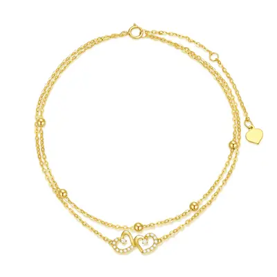 14K Gold Round Cubic Zirconia Bead & Heart With Heart Multi-layered Charm Anklet