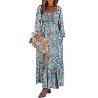 Dokotoo Women's Dress 2025 Boho Floral Long Sleeve Button Down Smocked Square Neck with Side Pockets, Maxi Length, Casual A-L...