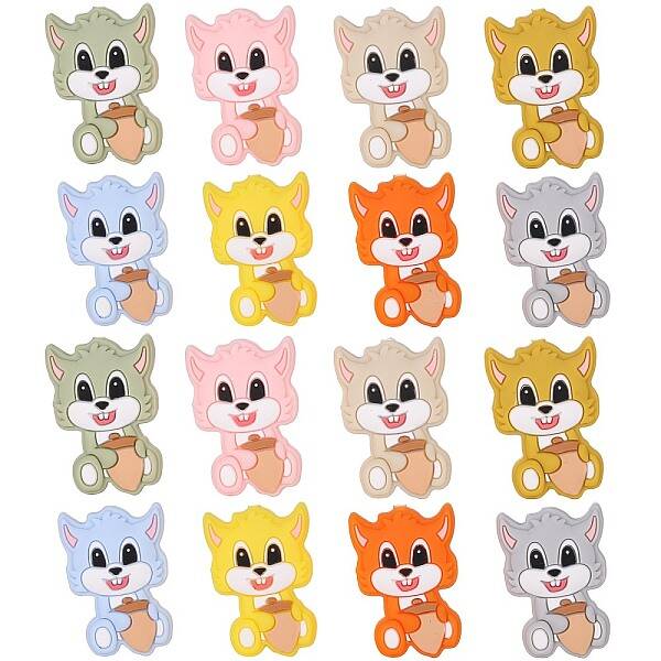 16Pcs 8 Colors Cartoon Squirrel Silicone Beads