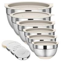 6 Piece Mixing Bowls with Lids Set, Stainless Steel Nesting Storage Bowls for Kitchen, with 3 Grater Attachments & Non-Slip B...