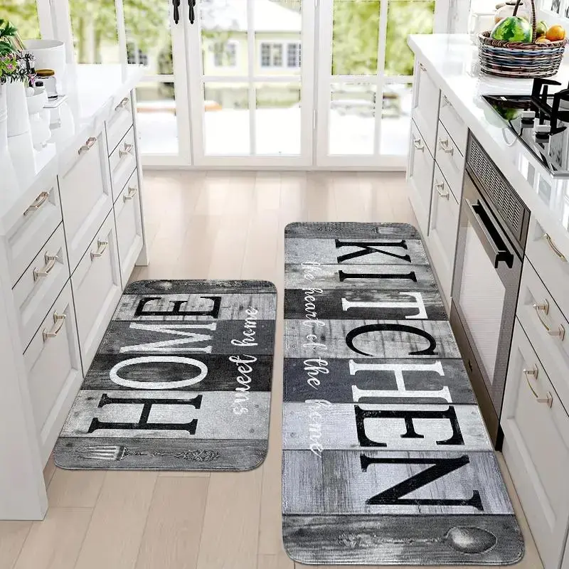 Wood Grain & Letter Pattern Kitchen Mat, 1 Set Non-slip Kitchen Rug, Stain-resistant Decorative Carpet for Home Kitchen Livin...