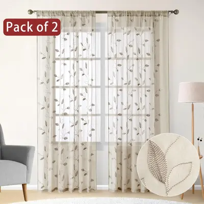 Leaf Print Curtain, 2 Counts Top Hole Design Half Transparent Window Curtain, Curtains for Bedroom, Durable Textiles for Home...