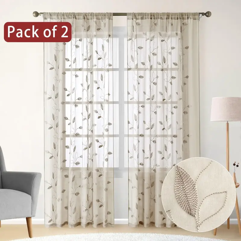 Leaf Print Curtain, 2 Counts Top Hole Design Half Transparent Window Curtain, Curtains for Bedroom, Durable Textiles for Home...