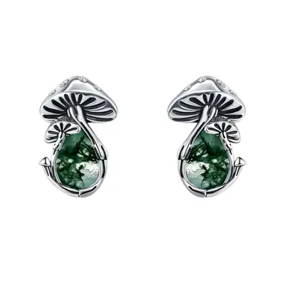 Sterling Silver Pear Shaped Moss Agate Mushroom Stud Earrings