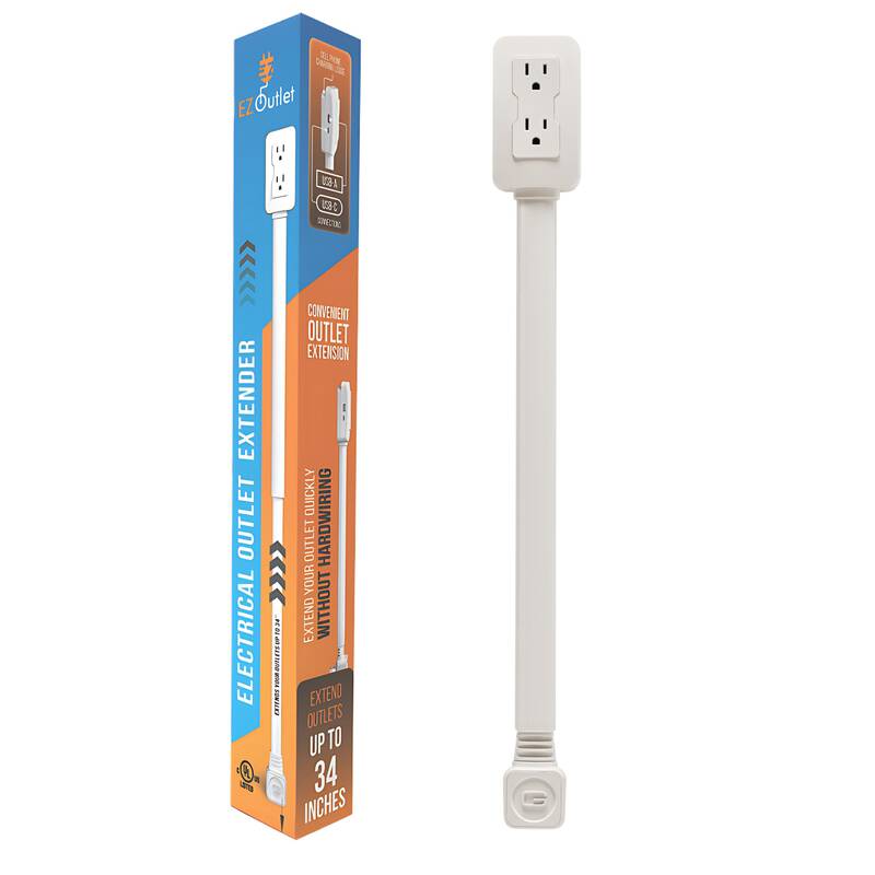 EZ Outlet Electrical Outlet Extender.  Access Hard-to-Reach Outlets! Extends 22-34, USB-A & USB-C Ports, Phone Charging