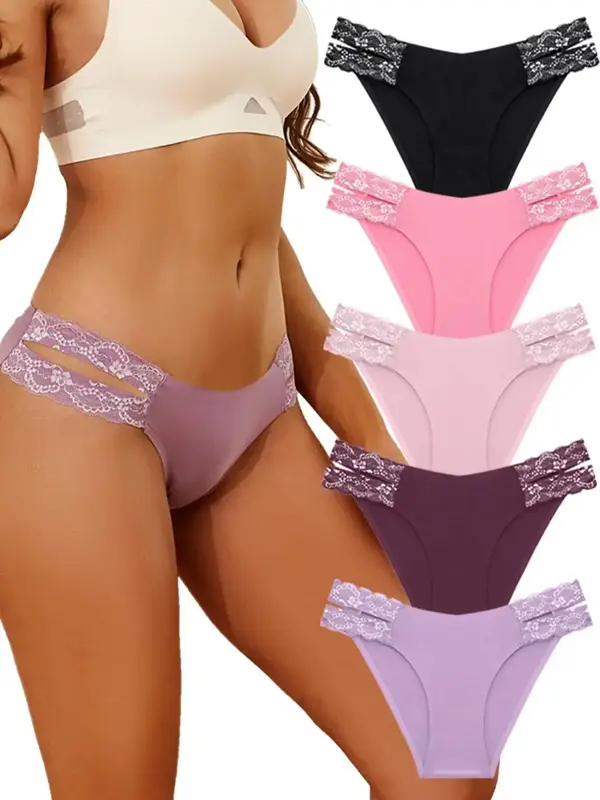 Women's 5pcs Contrast Lace Cut Out Panty, Soft Comfy Breathable Seamless Knicker for Daily Wear, Underwear for All Seasons, W...